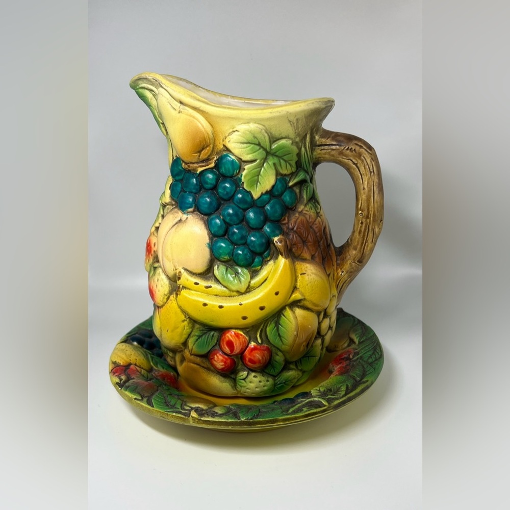 Vtg MCM Nancy Pew Japan mini decorative pitcher & basin set Multi Fruit pattern